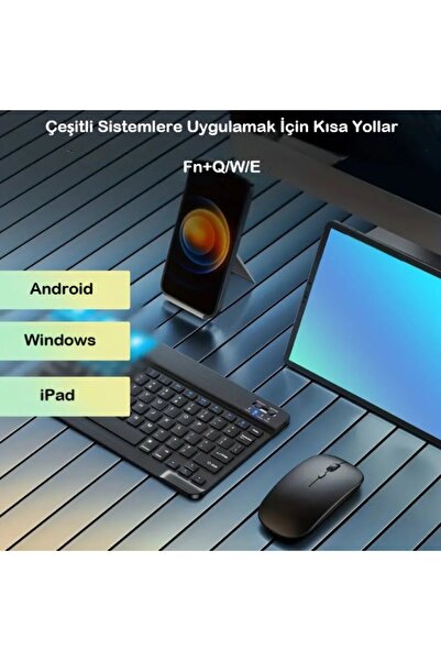 DUHALINE Tablet Telefon Uyumlu Taşınabilir Şarj Edilebilir Kablosuz Bluetooth Türkçe Q Klavye ve Mouse Seti
