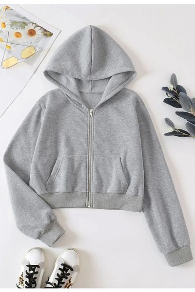 FEMELLE Women's Gray Hooded Zippered Crop Cardigan