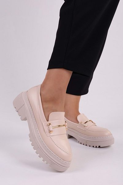 Shoeberry Damen-Loafer „Luis Beige Skin Daily“ mit dicker Sohle und Schnalle