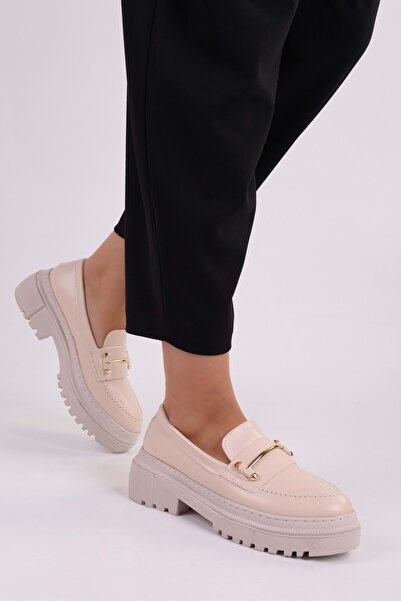 Shoeberry Dámský mokasín Luis Beige Skin Daily Thick Sole Buckle Loafer