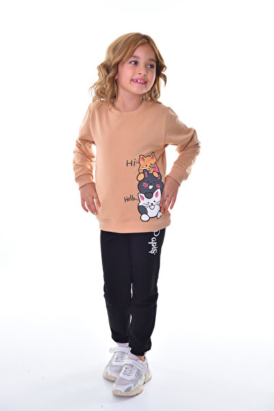 Papiş Girl's Tracksuit Set - Crew Neck Sweatshirt and Pajama Set, Kittens Printed