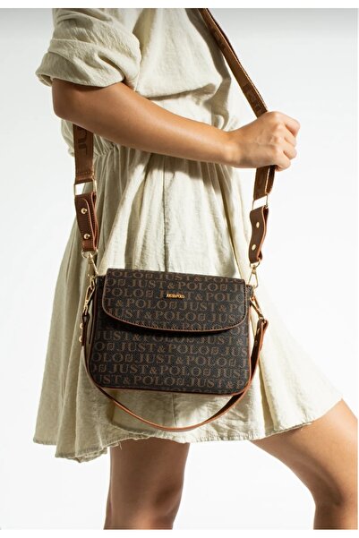 Just Polo Kadın Kahve-Taba Baskı Desenli Uzun Askılı Omuz Çantası-BD2197