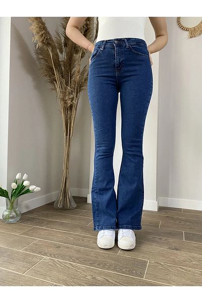 JILLY Pantaloni de blugi albastru închis cu talie înaltă din lycra de culoare spaniolă