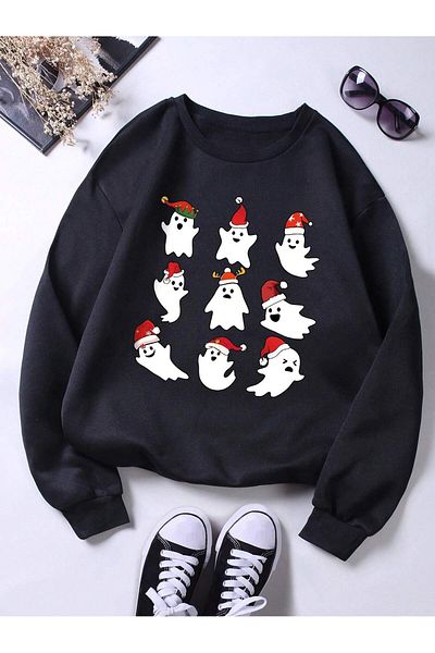 Serbella New Year Cute Ghost Printed Unisex Oversize Sweatshirt