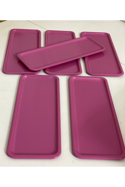 Mineli-Aşk PINK COLOR RECTANGULAR MODEL 6-PIECE TEA AND COFFEE TRAY METAL PINK