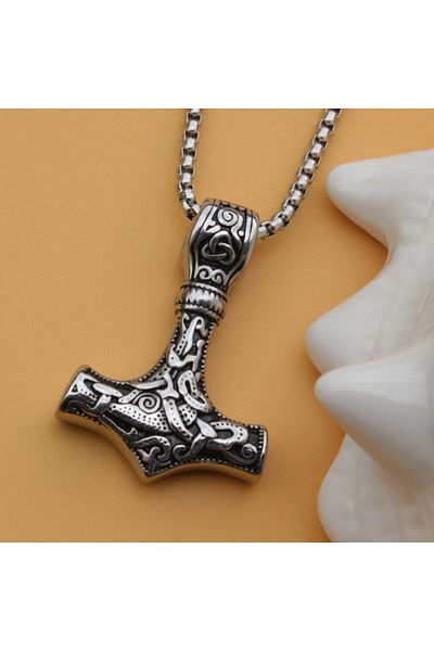 Viking Scandinavian Mythology Thor Mjollnir Stainless & Tarnish Resistant 316L Steel Necklace with Nordic Figure