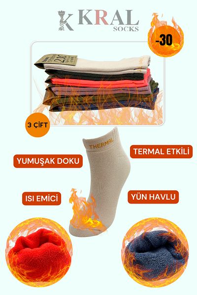 KRAL SOCKS Thermal Featured 2x Protected (3 ЧИФТА) асортимент Цветни дамски зимни хавлиени ботуши Чорапи