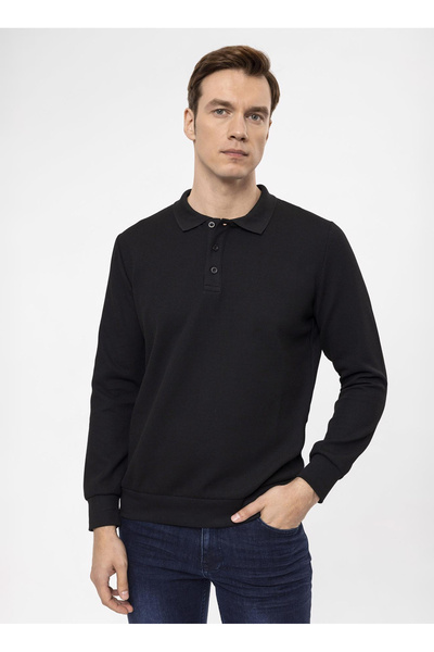 SÜVARİ Süvari Polo Yaka Regular Fit Armürlü Siyah Erkek Kazak TR2013700314