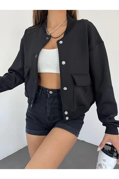 MsLena Butik Jachetă bomber pentru femei, cu gât crew, cu închidere cu apăsare, cu buzunare