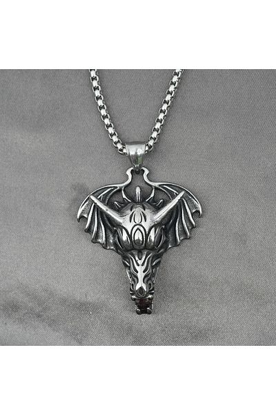 Viking Dragon Head Gothic Dragon Head Red Zircon Stone Tarnish & Rust Free 316L Steel Men's Necklace