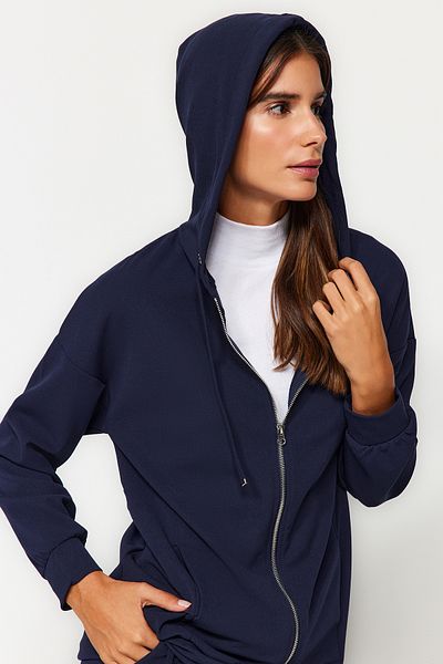 Trendyol Modest Navy Blue Oversize Ζακέτα με κουκούλα και πλεκτή αθλητική φόρμα - TCTSS21EM0091 με φερμουάρ