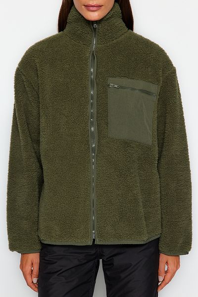 Trendyol Collection Winter Essentials Khaki Dickes Fleece Reißverschluss Stehkragen Langarm Tasche Strick Sweatshirt TWOAW24SW00071