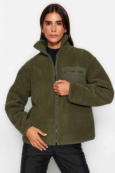 Trendyol Collection Winter Essentials Khaki Dickes Fleece Reißverschluss Stehkragen Langarm Tasche Strick Sweatshirt TWOAW24SW00071