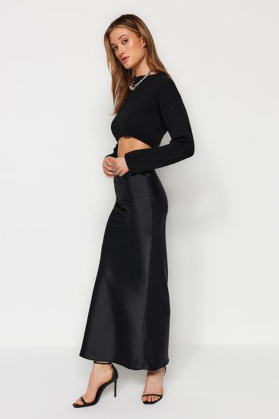 Trendyol Collection Black Mermaid Cut Satin Maxi Length Woven Skirt TWOAW24ET00358