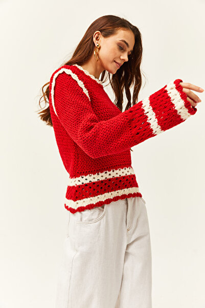 Olalook Női piros csíkos részletes áttört kötött pulóver KZK-19000704