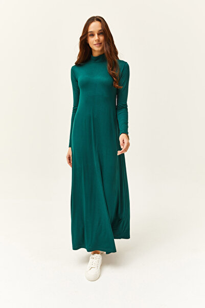 Olalook Γυναικείο Σμαραγδένιο Πράσινο Φόρεμα με μισό ζιβάγκο με σκίσιμο Lycra Midi Viscose ELB-19001989