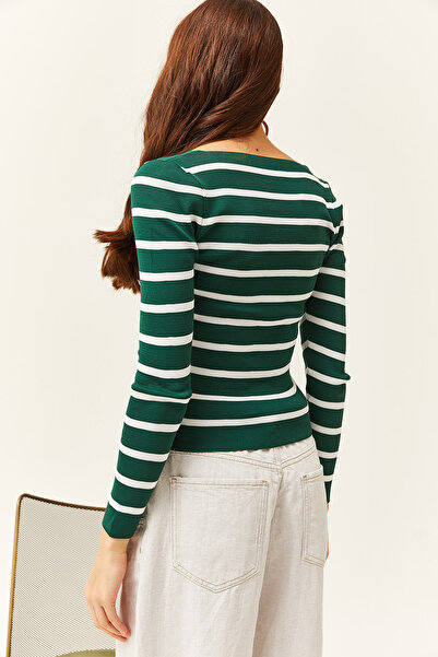 Olalook Dámská proužkovaná smaragdově zelená čtvercový límec Crop základní pletená halenka BLZ-19001114