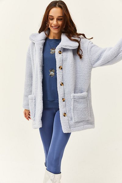 Olalook Ungefütterte, übergroße Plüschjacke für Damen in Babyblau mit geknöpften Taschen, CKT-19000328