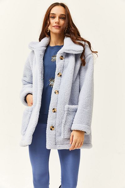 Olalook Ungefütterte, übergroße Plüschjacke für Damen in Babyblau mit geknöpften Taschen, CKT-19000328