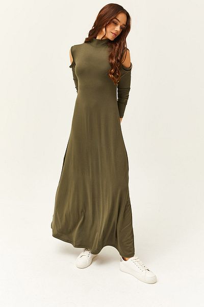 Olalook Γυναικείο φόρεμα Χακί Off-the-Shoulder Lycra Maxi Flared ELB- 19001990