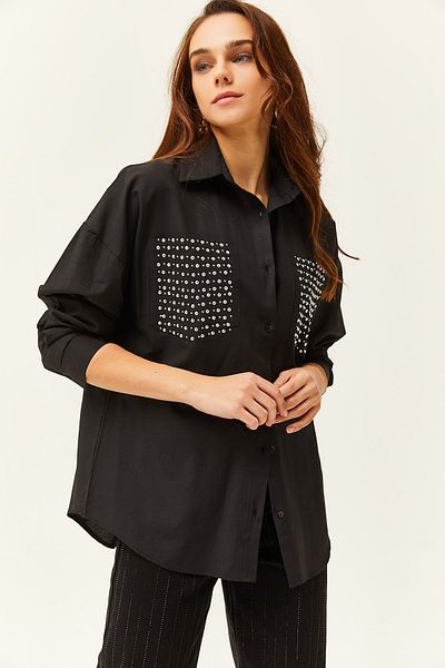 Olalook Dámská černá oversize košile s detailem sponkové kapsy GML-19001167