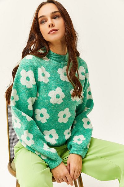 Olalook Women's Green Daisy Patterned Thick Knitwear Sweater KZK-19000705
