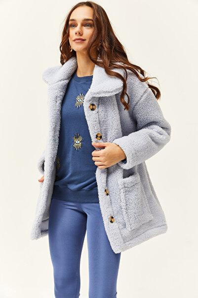Olalook Γυναικείο Baby Blue Buttoned Jacket Unlined Oversize βελούδινο μπουφάν CKT-19000328