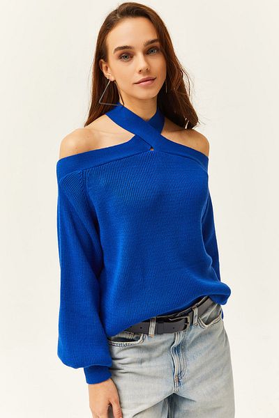 Olalook Women's Saks Blue Cross Collar Knitwear Sweater KZK-19000192