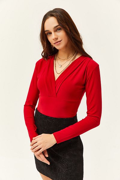 Olalook Women's Red Double Breasted Collar Crop Lycra Blouse BLZ-19002441