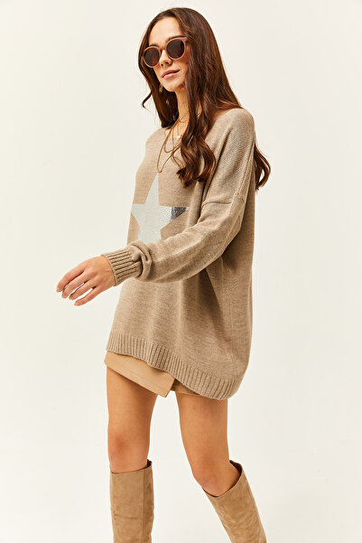 Olalook Women's Stone Lame Star Detailed Oversize Knitwear Sweater KZK-19000699