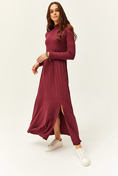 Olalook Rochie midi din viscoză din lycra cu jumătate de pescar din prune pentru femei ELB-19001989