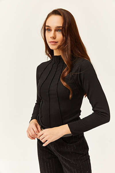 Olalook Women's Black Pieced High Collar Lycra Crop Blouse BLZ-19002398