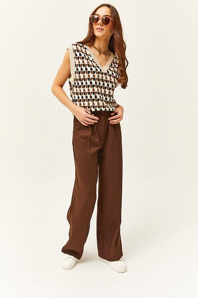 Olalook Women's Brown Pocketed Pleated Palazzo Trousers PNT-19000137