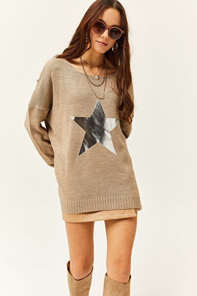 Olalook Women's Stone Lame Star Detailed Oversize Knitwear Sweater KZK-19000699