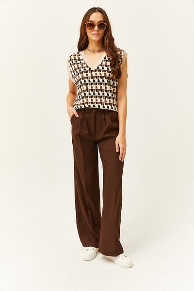 Olalook Women's Brown Pocketed Pleated Palazzo Trousers PNT-19000137