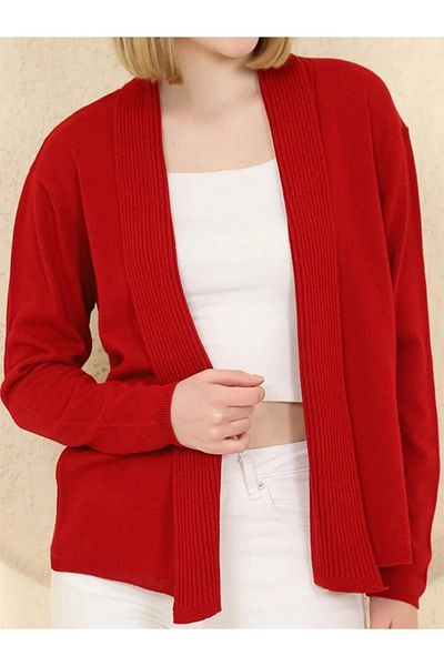 VEGENZE Women's Red Ribbed Fine Knitwear Cardigan