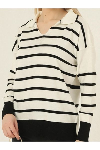 VEGENZE Ecru Black Striped Polo V-Neck Fine Knitwear Sweater