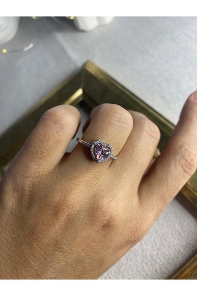 DOVELY JEWELRY Prenses Model Pembe Taşlı Gümüş Yüzük