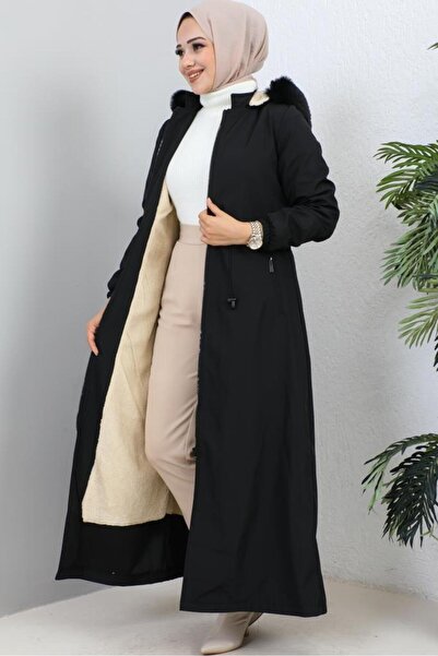 benguen 1055 Hooded Long Bondit Coat with Fur Detail on Collar Black
