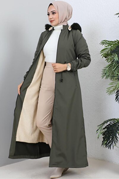 benguen 1055 Hooded Long Bondit Coat with Fur Detail on the Collar Khaki