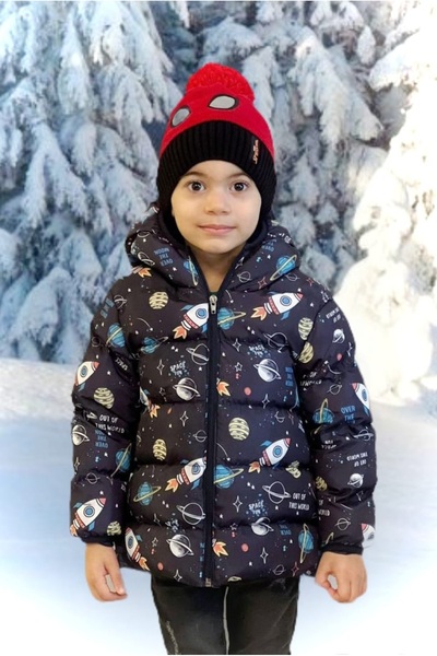 ROBA KIDS Jachetă și haină pufă de iarnă pentru băiat, cu glugă, cu model de rachetă, imprimată digital RB-113