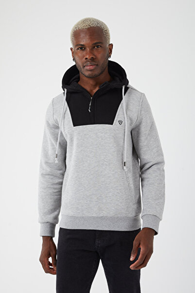 Gri Sweatshirt Kapüşonlu Içi Polarlı Regular Fit Standard Kesim Yarım Fermuarlı