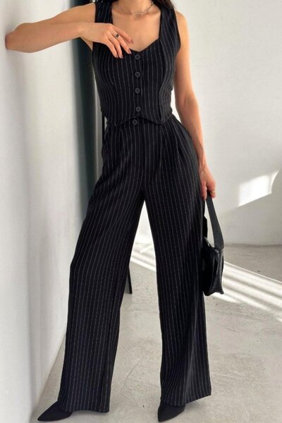 Genel Markalar Yelekli Çizgili Palazzo Takım Siyah