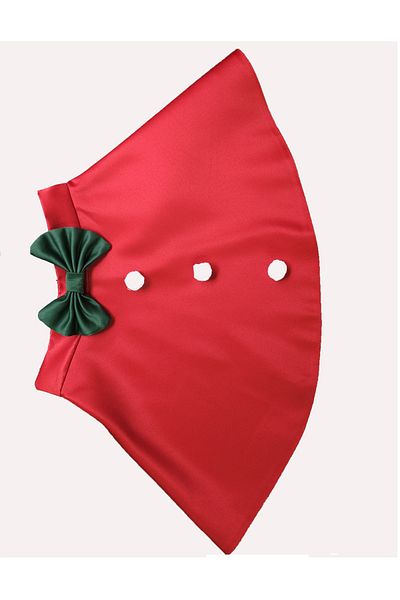 NSMLİFE Girl's Red Satin Mini Christmas SKirt - Green Bow Detail, Flared Cut NSM227ETK