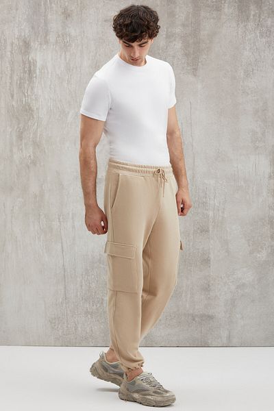 GRIMELANGE Jadon Men's Cargo Pocket Regular Fit Elastic 5 Pocket Beige Sweatpants with Stopper
