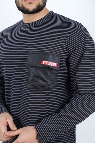 FREZZBİ Jacquard Long Sleeve Striped Pocket Crew Neck T-shirt Sweatshirt