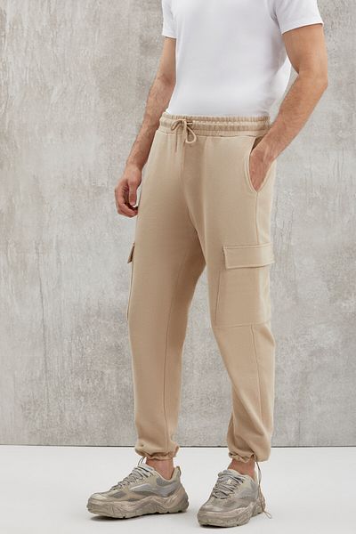 GRIMELANGE Jadon Men's Cargo Pocket Regular Fit Elastic 5 Pocket Beige Sweatpants with Stopper