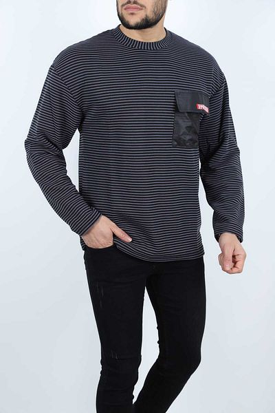 FREZZBİ Jacquard Long Sleeve Striped Pocket Crew Neck T-shirt Sweatshirt