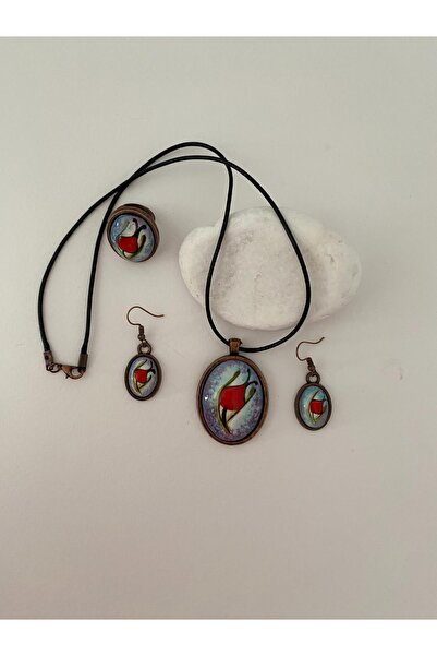 HEDİYEM EVİME İznik Çini Set Kolye Küpe Yüzük Otantik El Boyaması Lale Figürl...