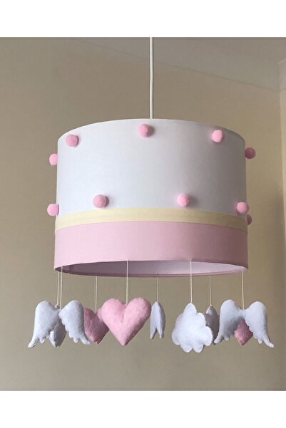 Leobabyroom Beyaz Üzeri Pembe Ponpon Detaylı Krem Şeritli Melek Kanadı,Kalp,Bulut Figürlü Bebek Odası Avize
